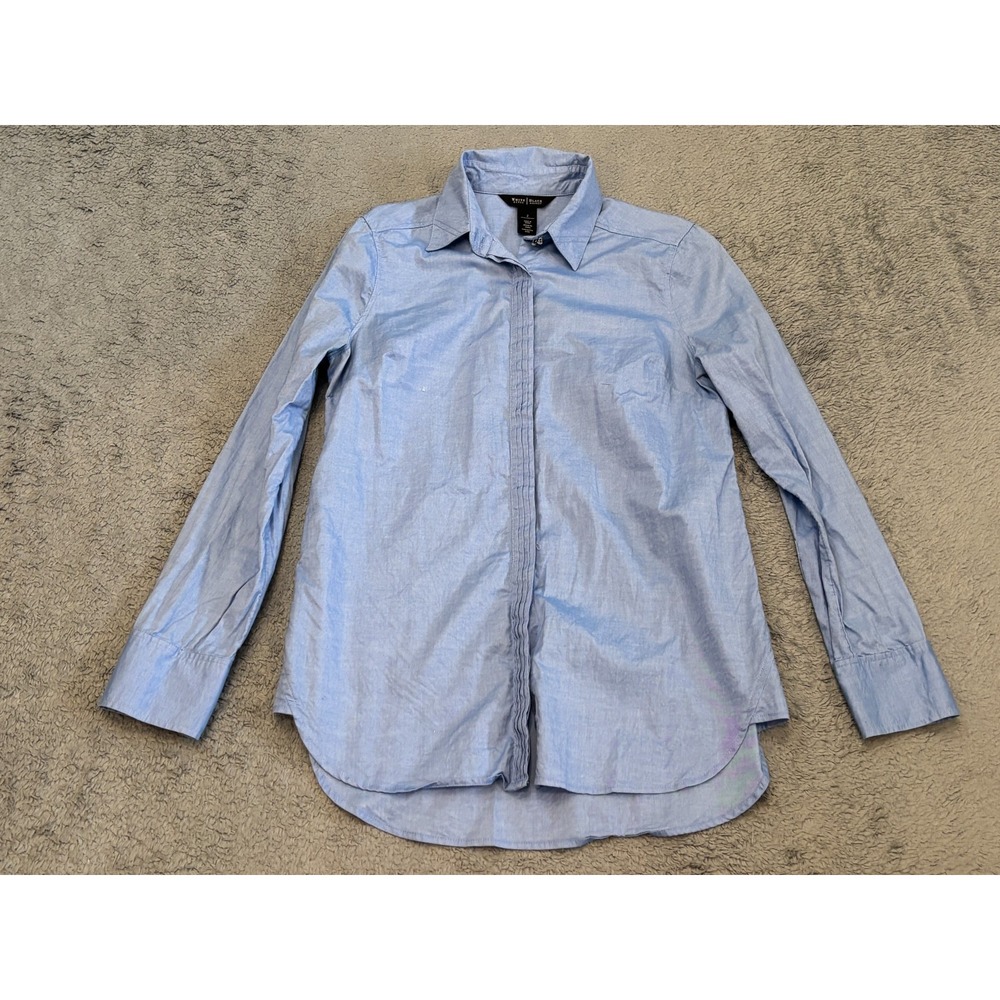 White House Black Market Blue Pleated Button Up Long Sleeve Shirt Womens 2